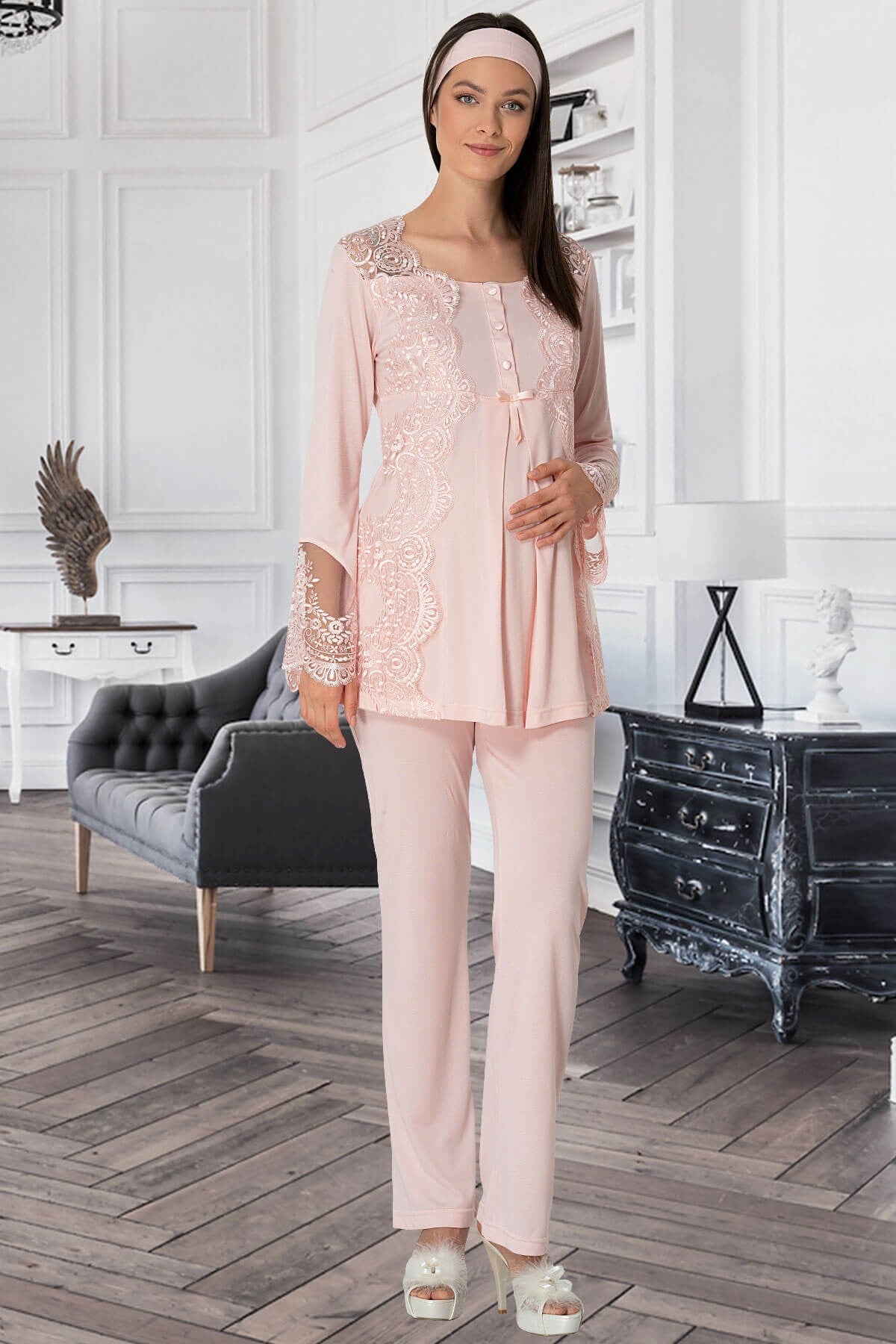 Shopymommy 5353 Lace Collar 3-Pieces Maternity & Nursing Pajamas set featuring a stylish robe and comfortable pajamas.