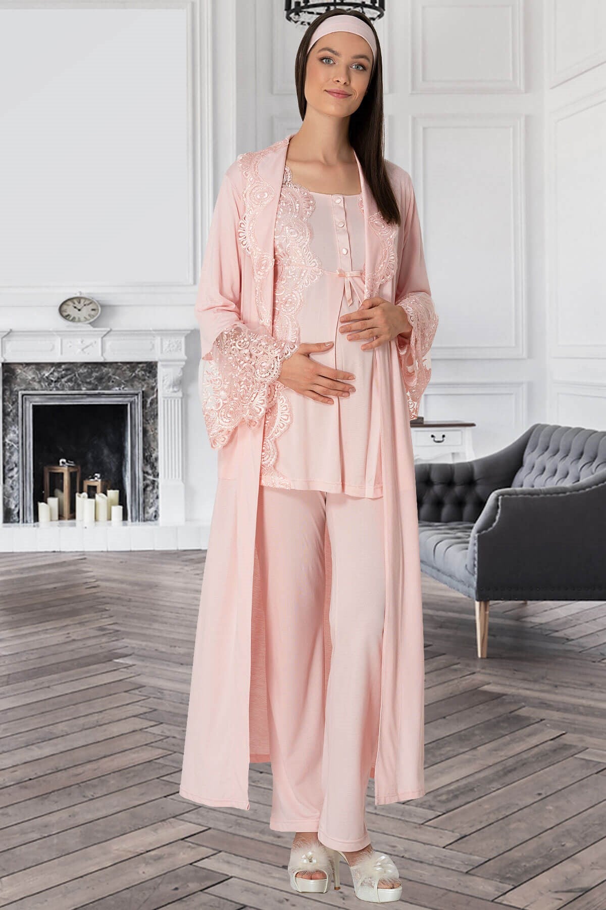 Shopymommy 5353 Lace Collar 3-Pieces Maternity & Nursing Pajamas set featuring a stylish robe and comfortable pajamas.