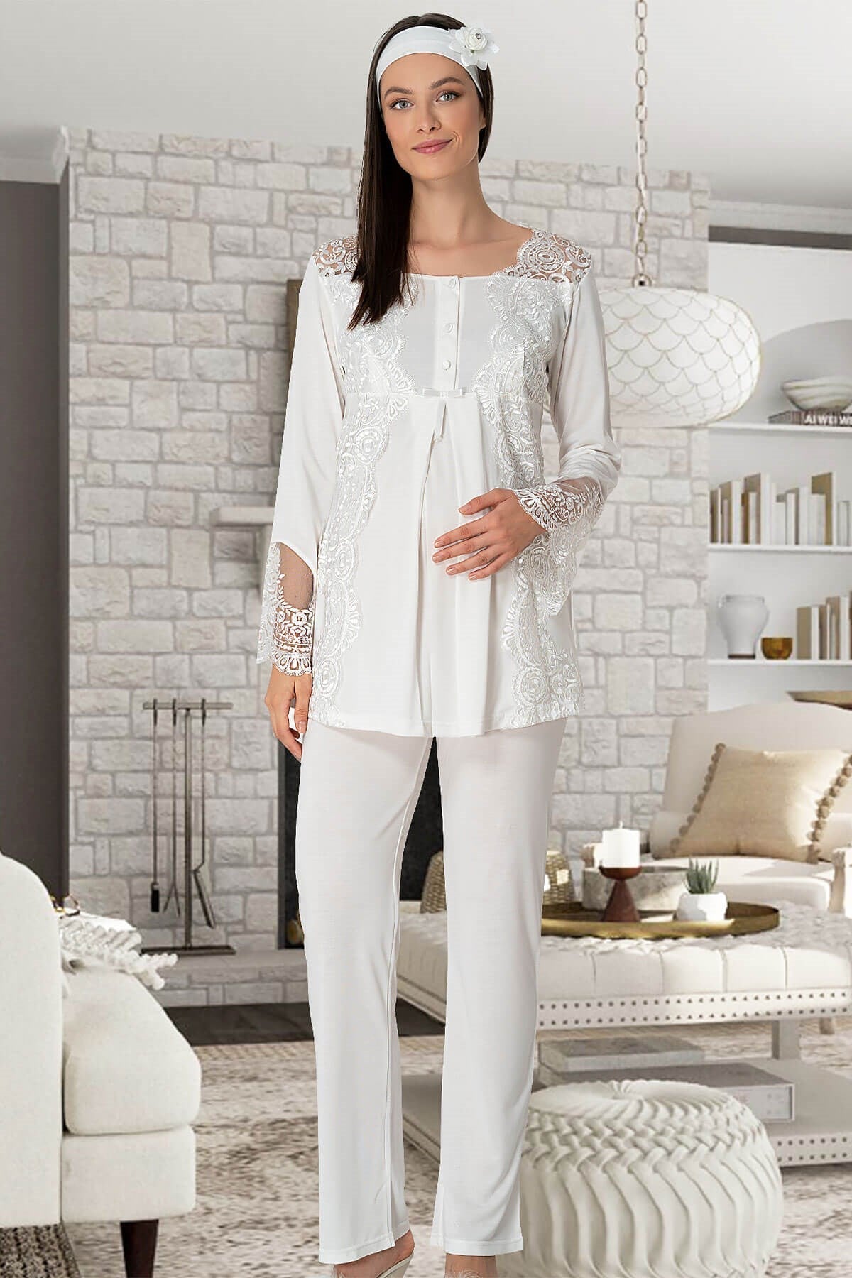 Shopymommy 5353 Sandra 3-Pieces Maternity & Nursing Pajamas set featuring a comfortable morning gown, made from organic fabric for expecting mothers.