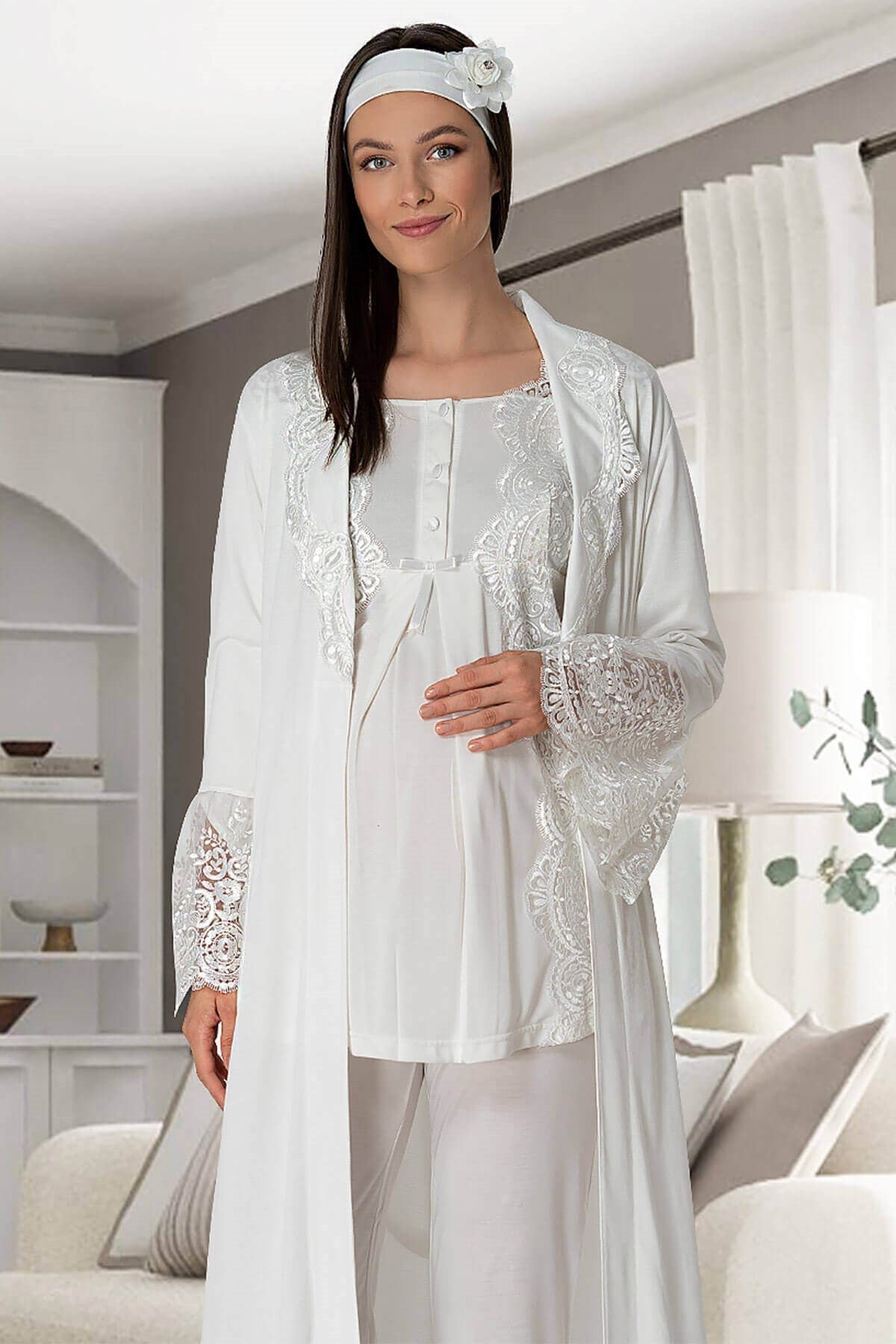 Shopymommy 5353 Sandra 3-Pieces Maternity & Nursing Pajamas set featuring a comfortable morning gown, made from organic fabric for expecting mothers.