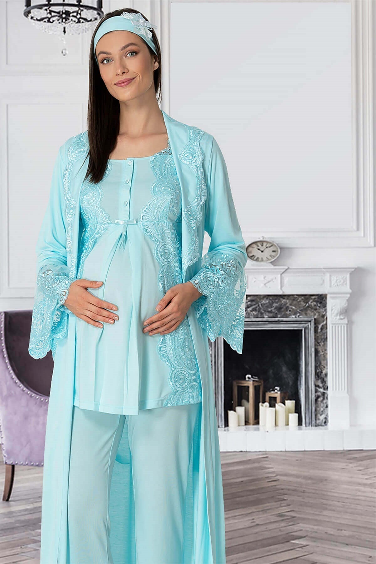 Shopymommy 5353 Sandra 3-Pieces Maternity & Nursing Pajamas set featuring a comfortable morning gown, made from organic fabric for expecting mothers.