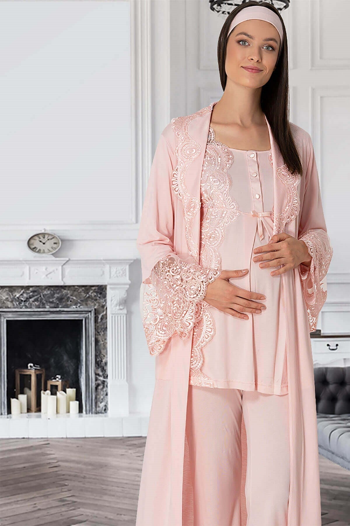 Shopymommy 5353 Sandra 3-Pieces Maternity & Nursing Pajamas set featuring a comfortable morning gown, made from organic fabric for expecting mothers.