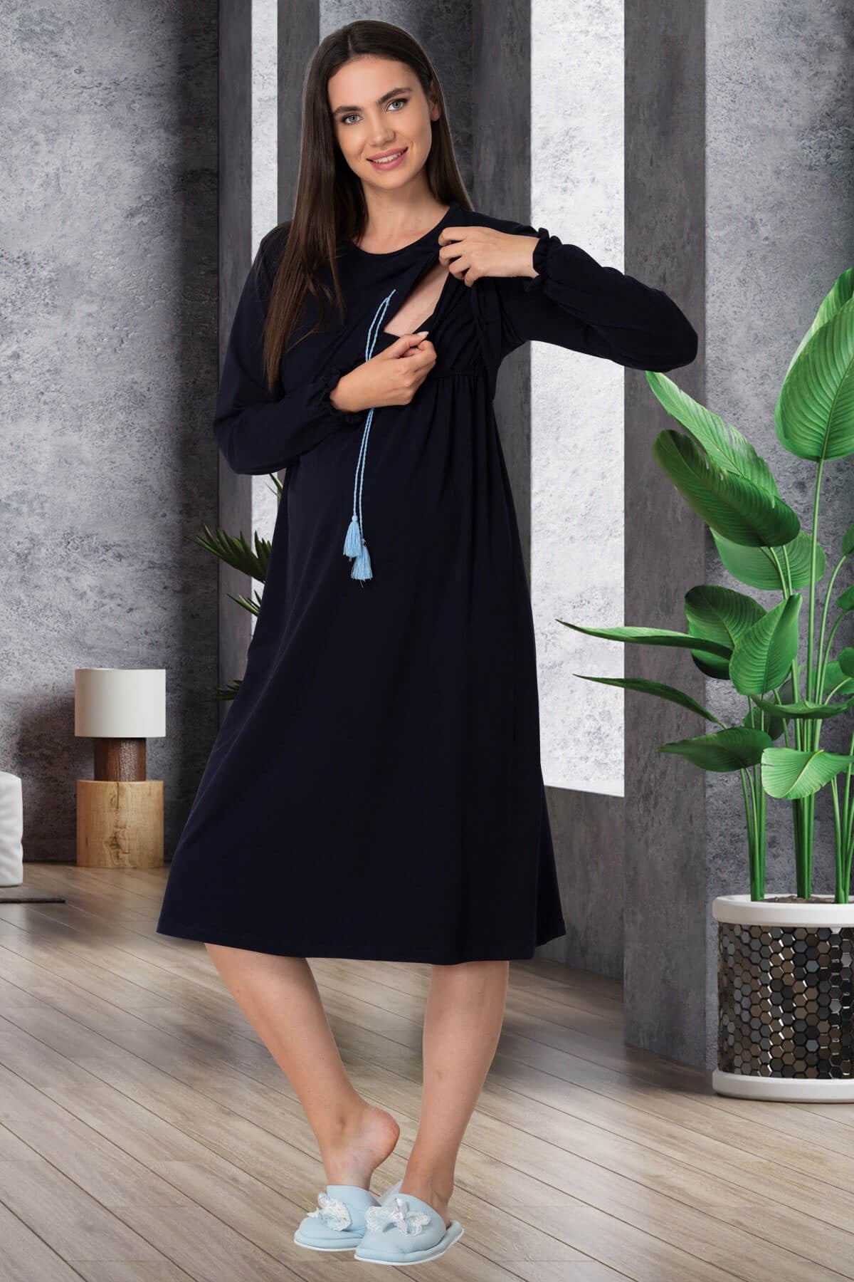 Shopymommy 5539 Breastfeeding Maternity & Nursing Nightgown in Navy Blue, featuring a hidden breastfeeding compartment and soft organic fabric.