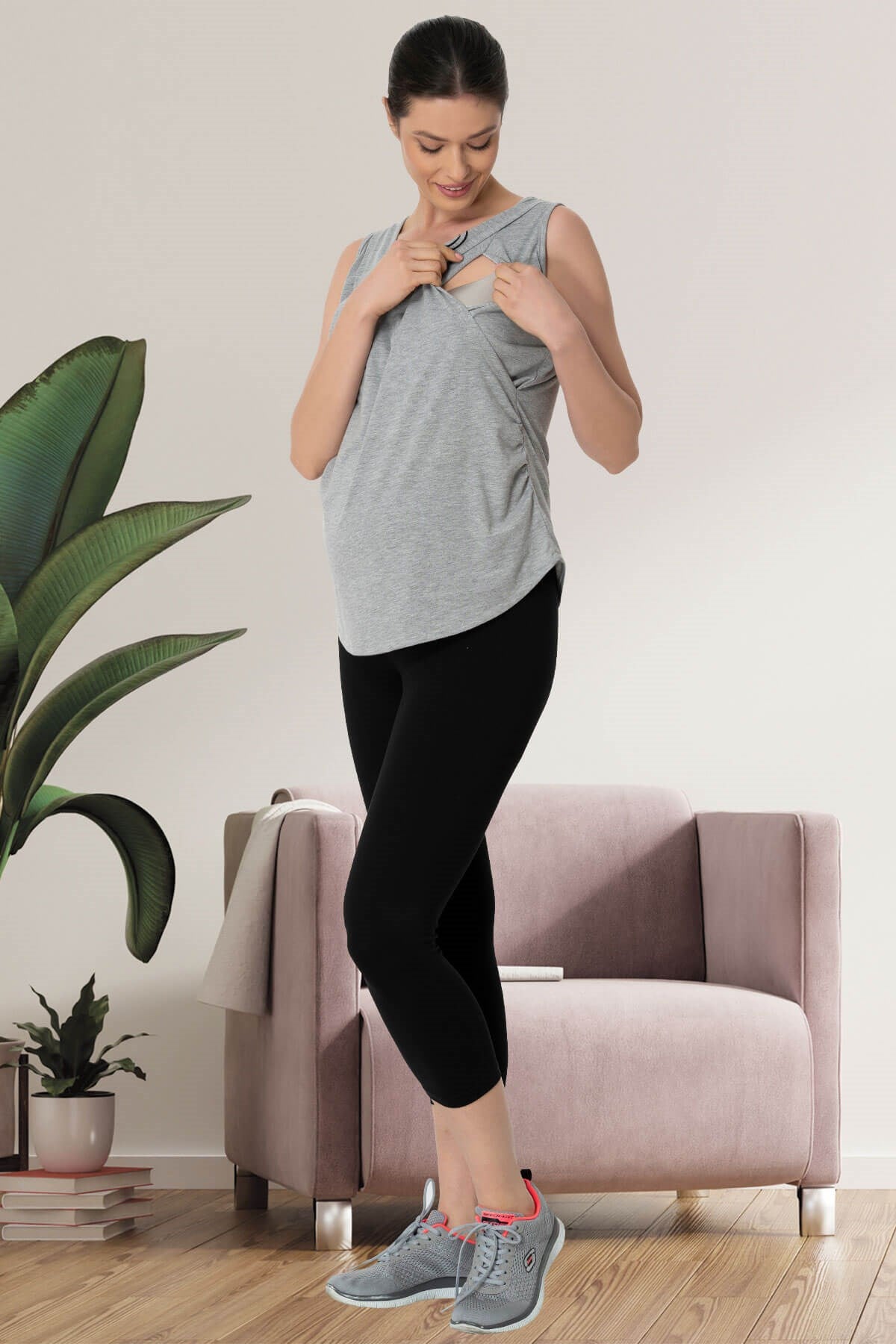 Shopymommy 5431 Maternity T-Shirt and Capri Tights Set in grey, showcasing soft organic fabric and stylish design.