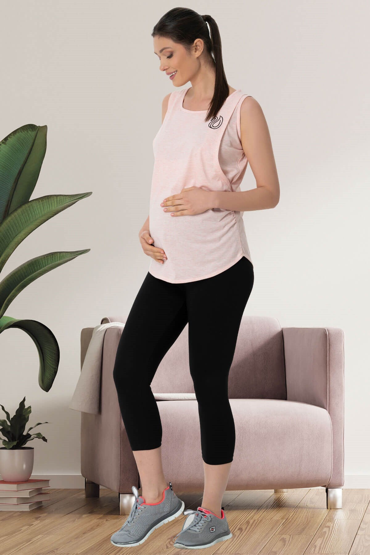 Shopymommy 5431 Maternity T-Shirt and Capri Tights Set in Powder color, showcasing soft organic fabric and stylish design.