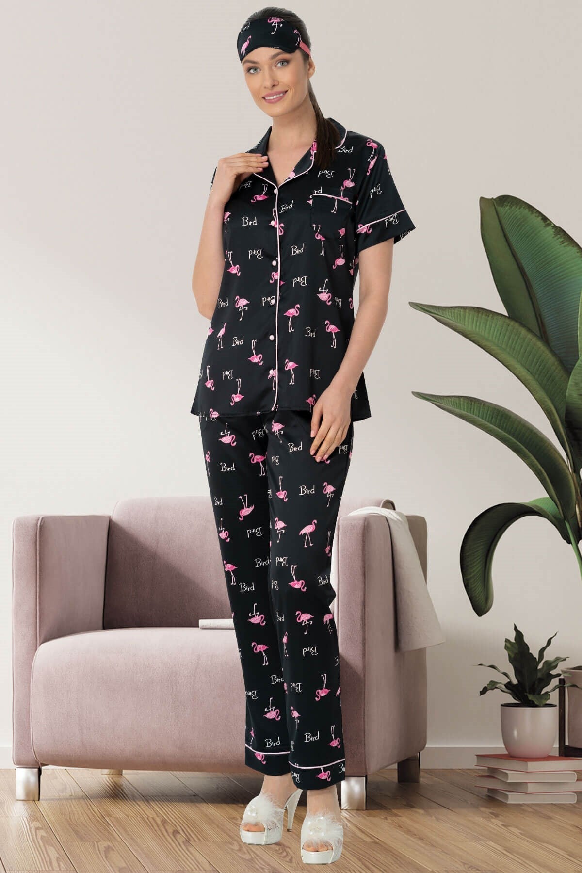 Shopymommy 5472 Flamingo Satin Front Button Maternity & Nursing pajama set featuring a stylish flamingo print and comfortable design.