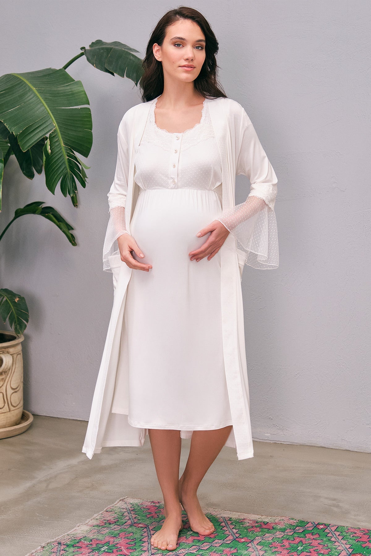 Shopymommy 5649 Flywheel Arm Lace Maternity & Nursing Nightgown showcasing elegant lace design and comfortable fit for pregnancy and breastfeeding.