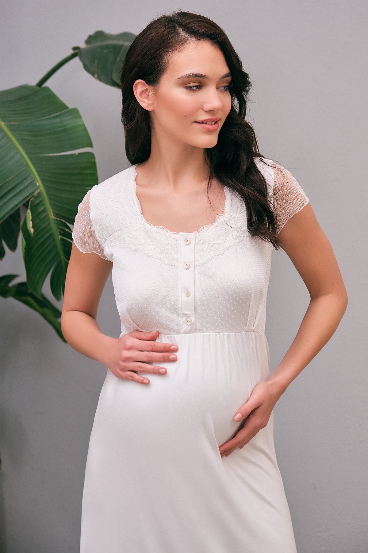 Shopymommy 5649 Flywheel Arm Lace Maternity & Nursing Nightgown showcasing elegant lace design and comfortable fit for pregnancy and breastfeeding.