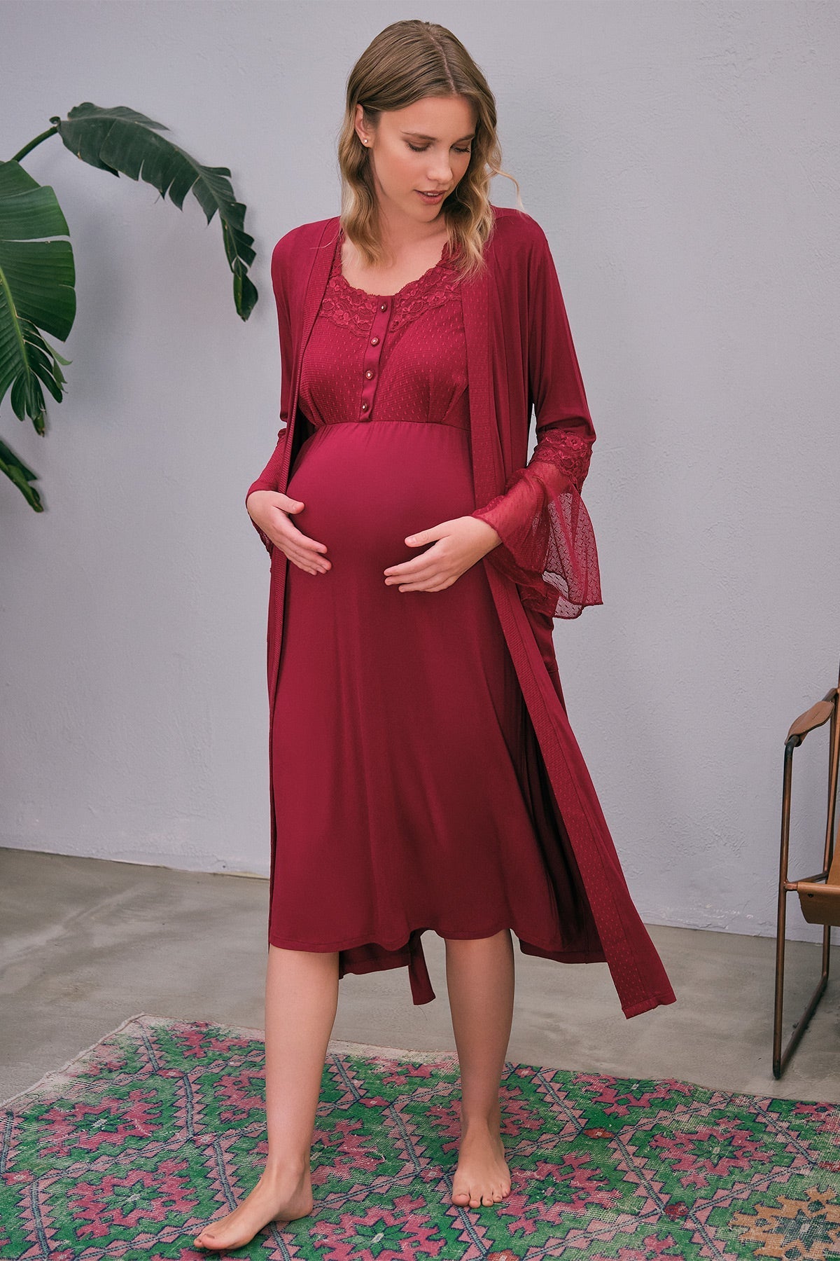 Shopymommy 5649 Flywheel Arm Lace Maternity & Nursing Nightgown showcasing elegant lace design and comfortable fit for pregnancy and breastfeeding.