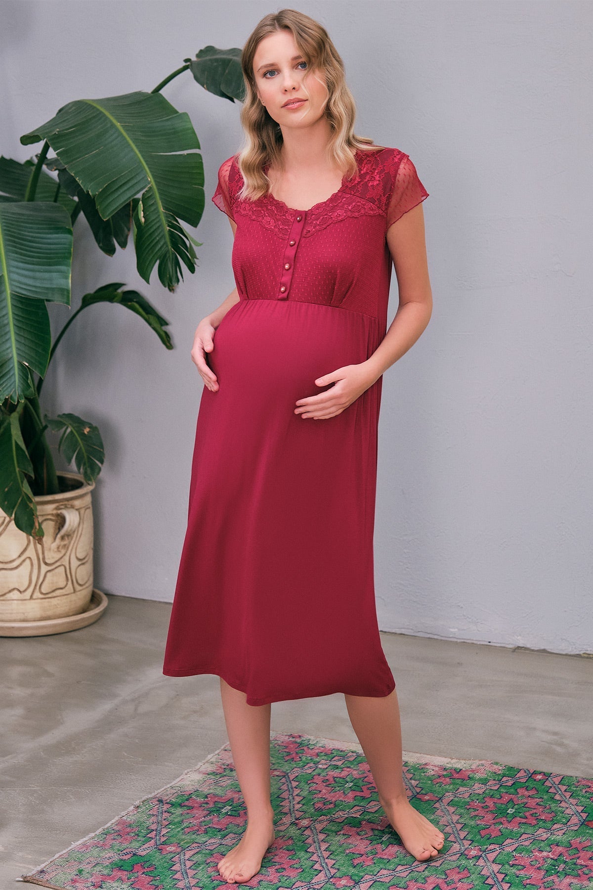 Shopymommy 5649 Flywheel Arm Lace Maternity & Nursing Nightgown showcasing elegant lace design and comfortable fit for pregnancy and breastfeeding.