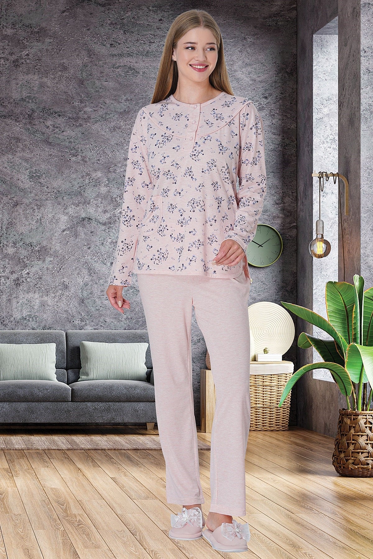 Shopymommy 5736 Flowery Plus Size Maternity & Nursing Pajamas in Pink, featuring a stylish floral pattern and front button access for breastfeeding.