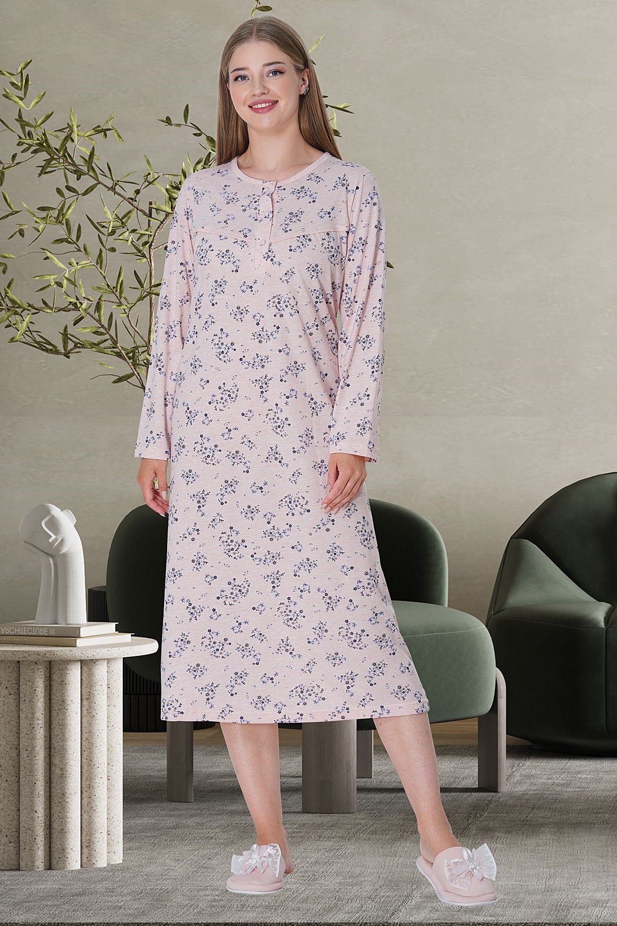 Shopymommy 5738 Flowery Plus Size Maternity & Nursing Nightgown in Pink, featuring a floral design and front button opening for breastfeeding.