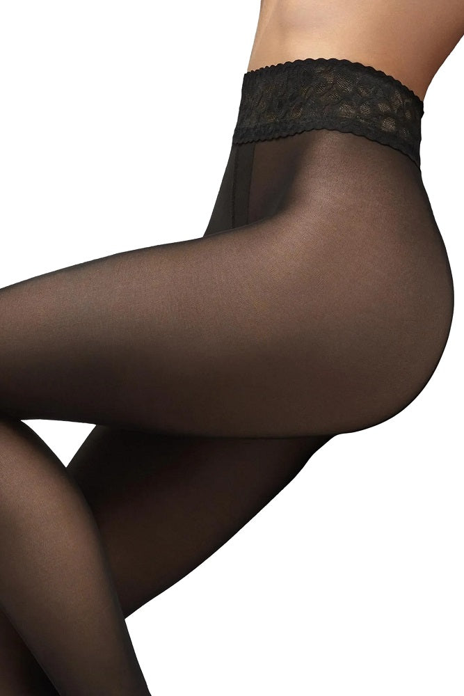 Silk Line Microfiber Tights in black with a decorative silicone lace belt, showcasing their elegant design and soft texture.