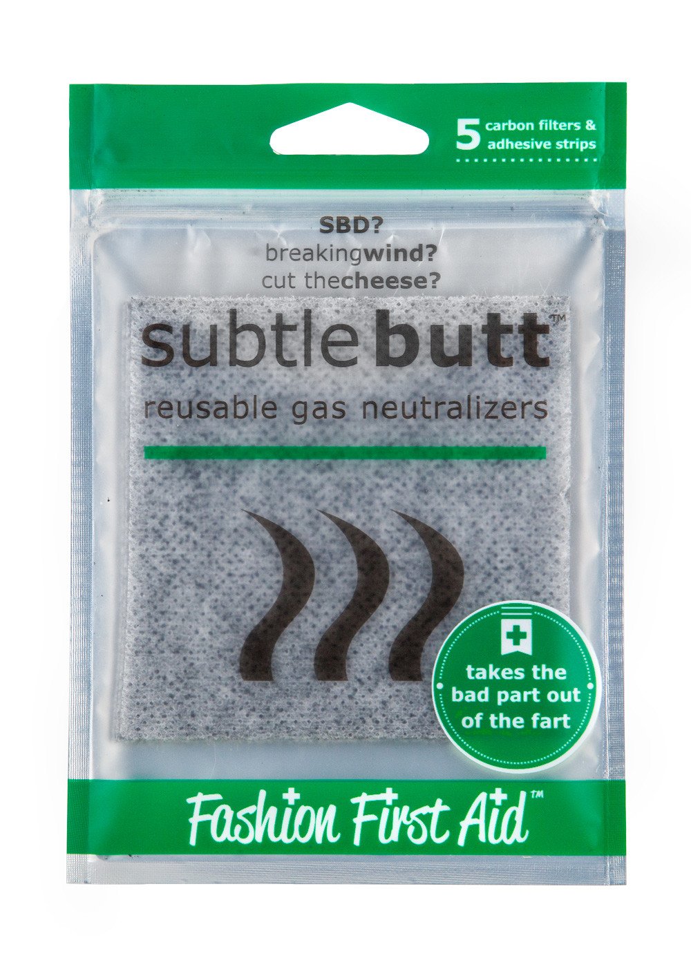 Subtle Butt gas neutralizers in a pack, featuring soft fabric and activated carbon for odor control.