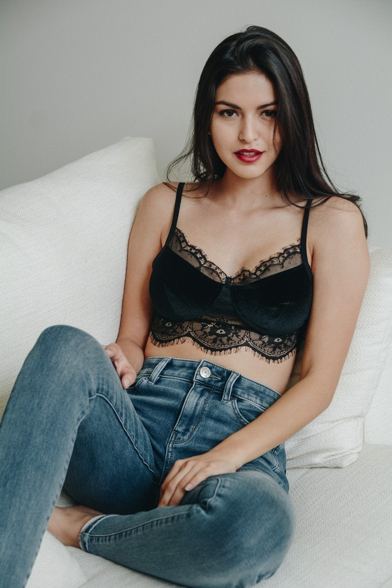 A stylish velvet lace half cami bralette with adjustable straps, featuring sheer lace accents for a chic look.