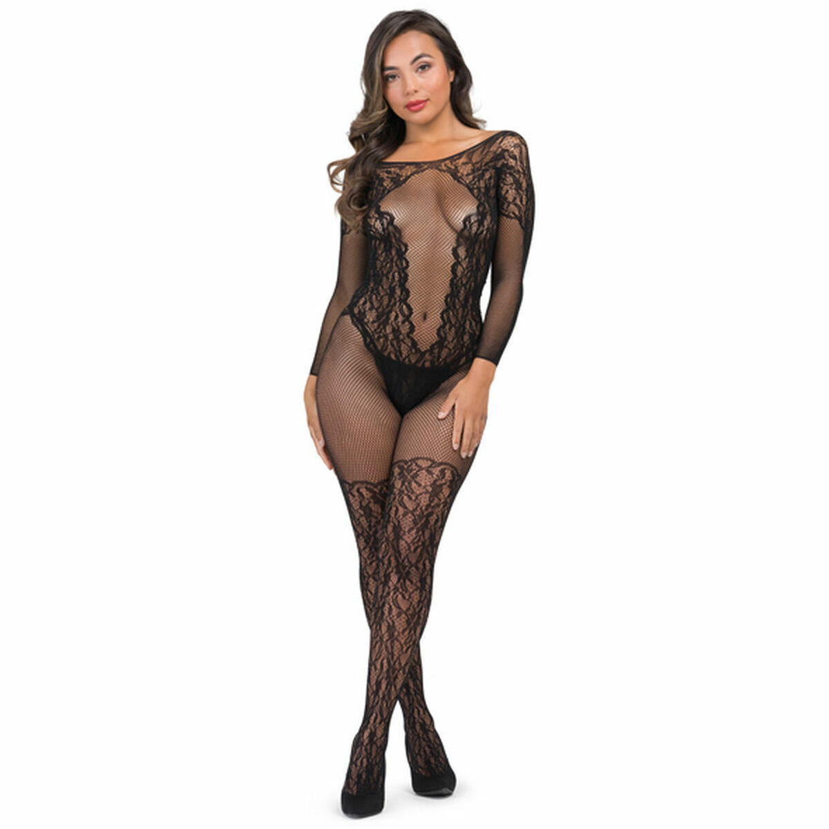 Woman wearing black lace bodysuit.