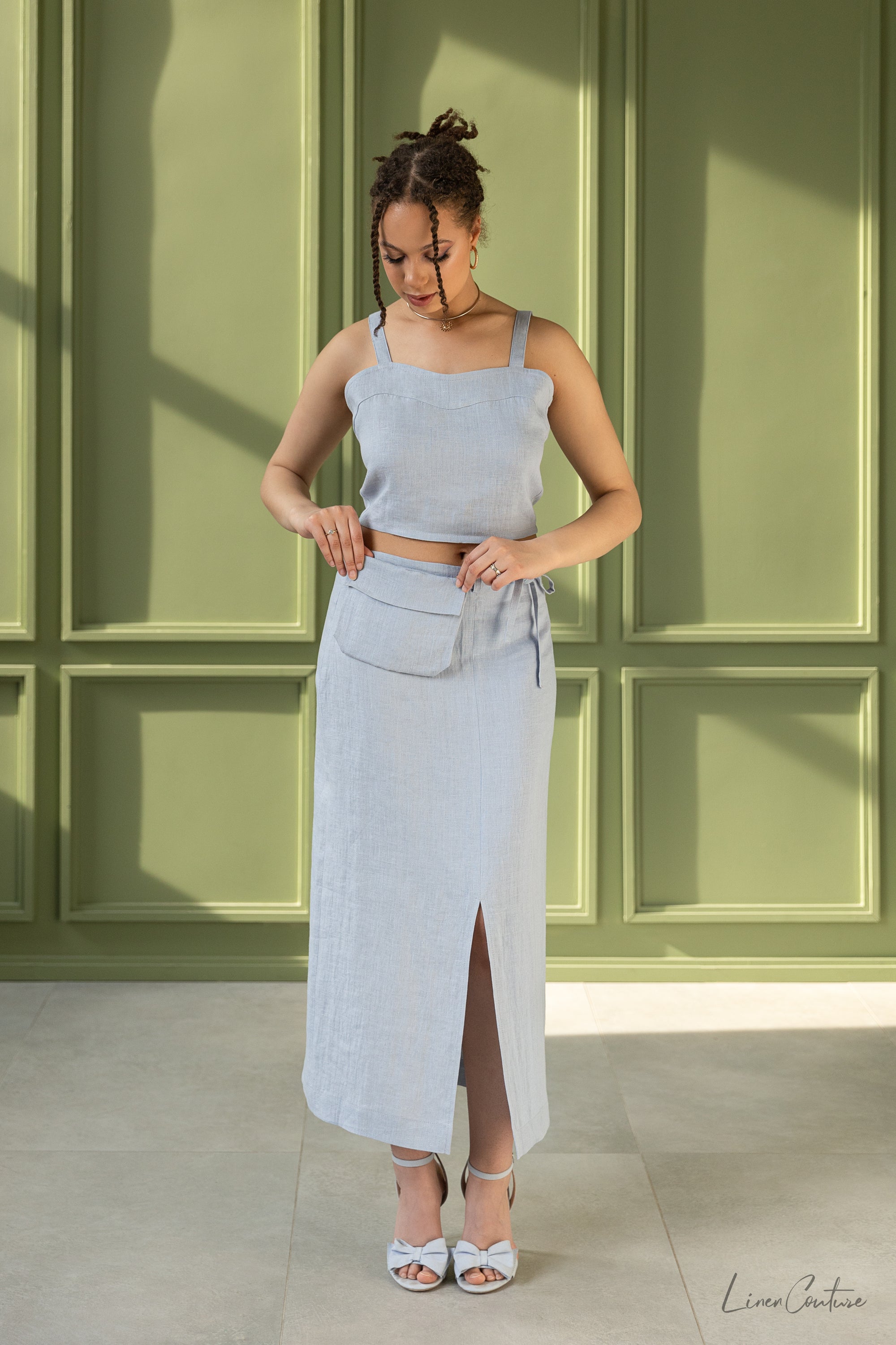 Bella Vita Set in Light Grey featuring a sweetheart crop top and midi skirt made from 100% European linen, elegantly displayed on a model.