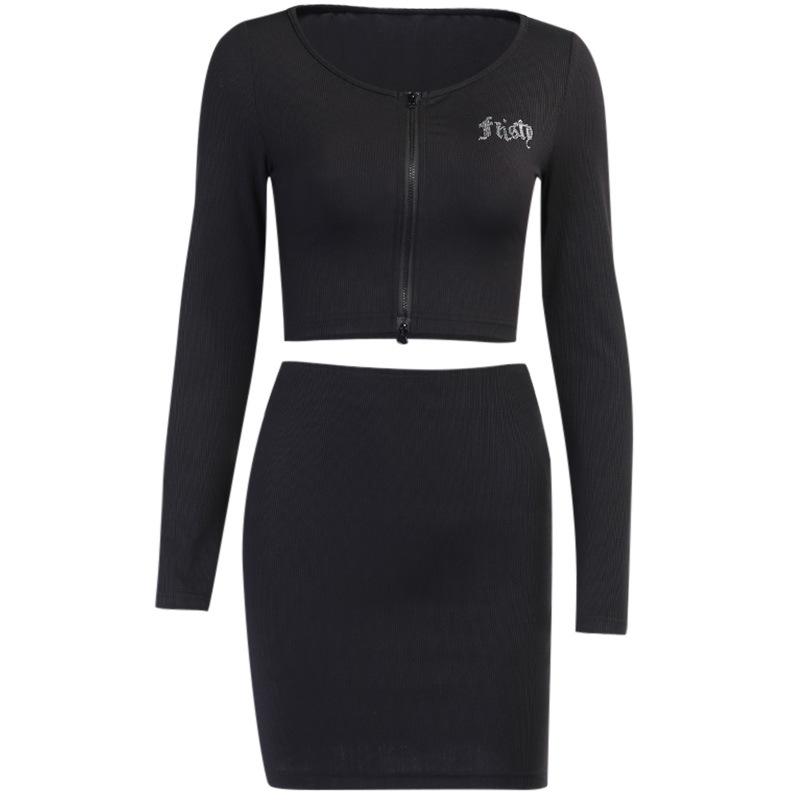 A stylish sexy bodycon women 2 piece suit featuring a short above-knee dress with an O-neck and full sleeves, made from cotton and polyester.