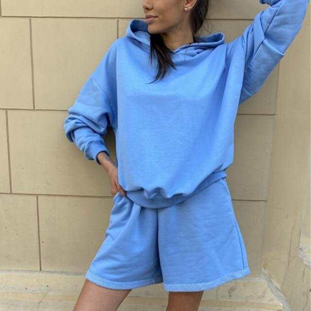 Summer 2 Pieces Set Tracksuit featuring a short-sleeve pullover top and matching shorts in solid color, designed for women's casual street style.