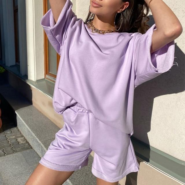 Summer 2 Pieces Set Tracksuit featuring a short-sleeve pullover top and matching shorts in solid color, designed for women's casual street style.