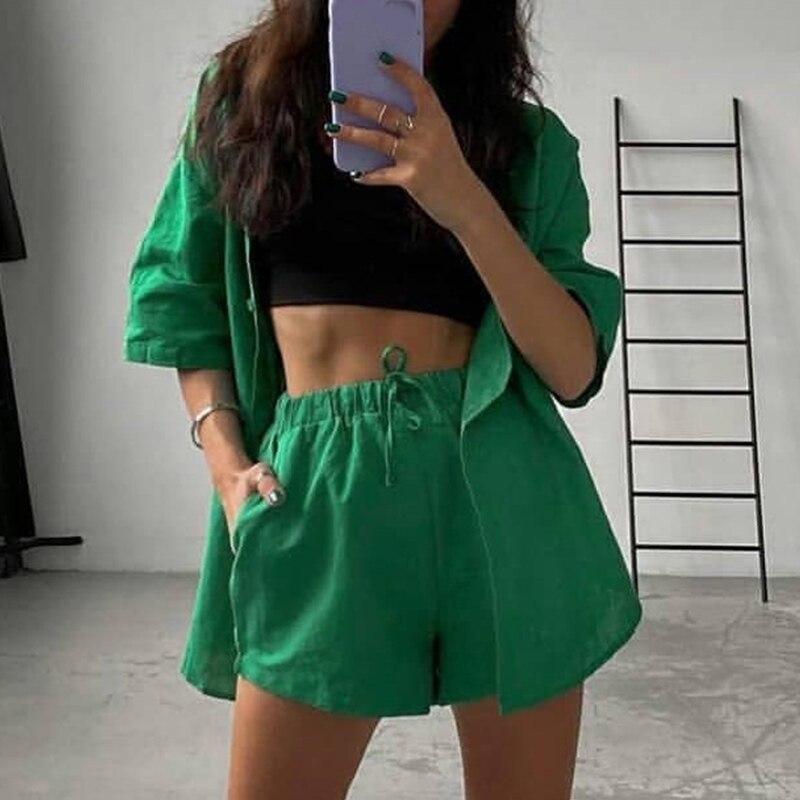 Main Summer Casual Shorts Suits Green Streetwear Short Sleeve Shirt 2 piece image