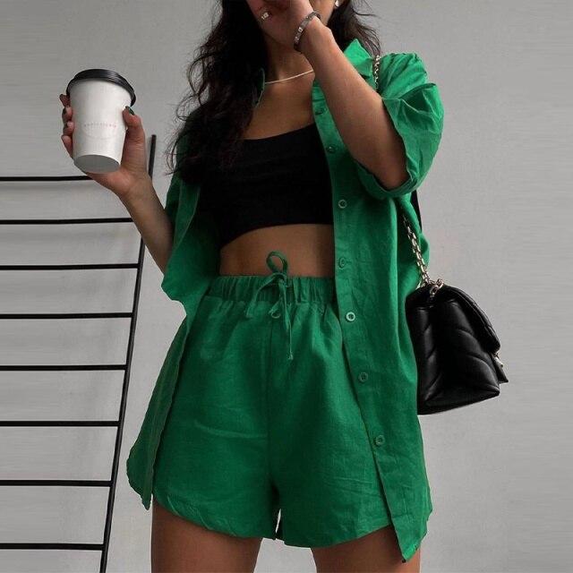 Summer Casual Shorts Suits featuring a green short sleeve shirt and matching shorts, designed for women, showcasing a relaxed and stylish streetwear look.