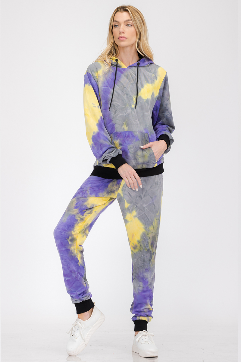 Women's Cotton Tie Dye Lounge Wear Sweat Set featuring a hoodie and sweatpants with elastic waist and drawstring, in vibrant tie dye colors.