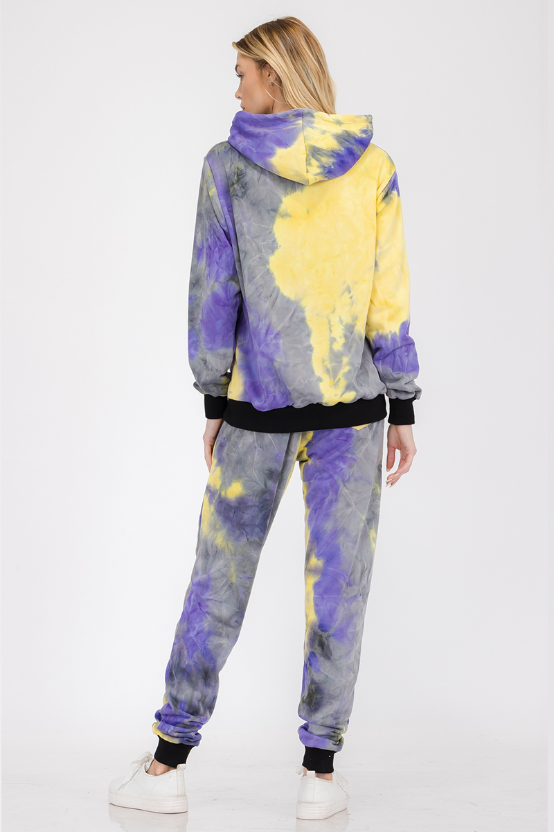 Women's Cotton Tie Dye Lounge Wear Sweat Set featuring a hoodie and sweatpants with elastic waist and drawstring, in vibrant tie dye colors.