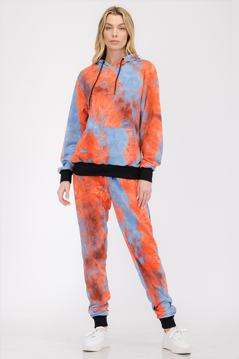 Women's Cotton Tie Dye Lounge Wear Sweat Set featuring a colorful tie dye pattern, elastic waist with drawstring, and black contrast cuffs.