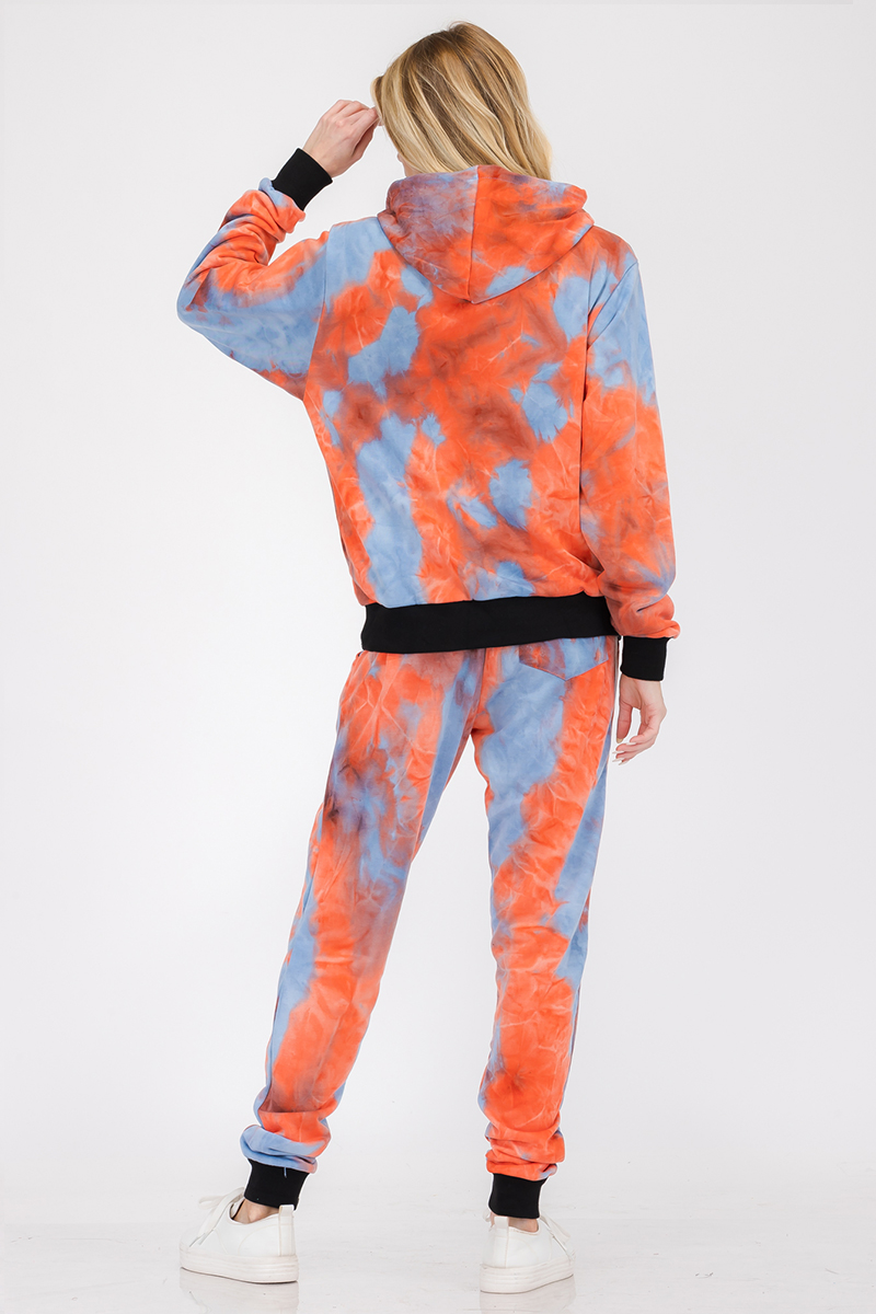 Women's Cotton Tie Dye Lounge Wear Sweat Set featuring a colorful tie dye pattern, elastic waist with drawstring, and black contrast cuffs.