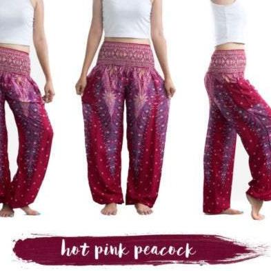 African handmade peacock pants in wine red, featuring an elasticated waistband and soft rayon fabric, perfect for yoga and casual wear.