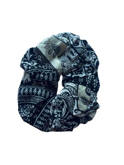 Black Elephant Herd Hair Scrunchie Ties made from eco-friendly fabric scraps, featuring a stylish design and elasticated core.