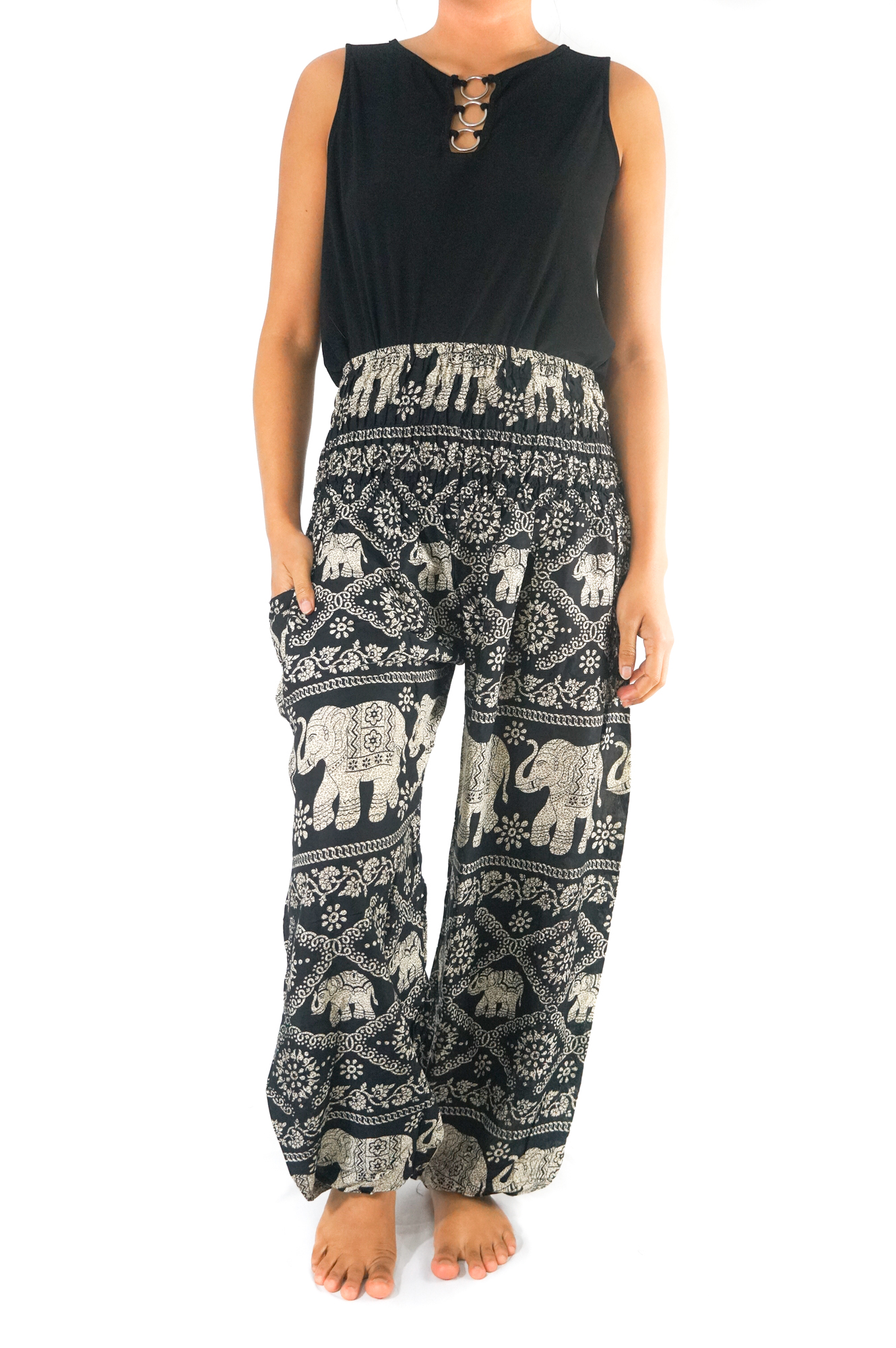 Black Elephant Boho Pants for women, featuring a unique elephant print, elastic waist, and ankle design, perfect for yoga and casual wear.