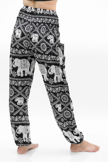 Black Elephant Boho Pants for women, featuring a unique elephant print, elastic waist, and ankle design, perfect for yoga and casual wear.