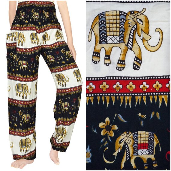 Black Elephant Harem Pants for women, featuring a bohemian design, elastic waist, and ankle cuffs, made from lightweight breathable rayon fabric.