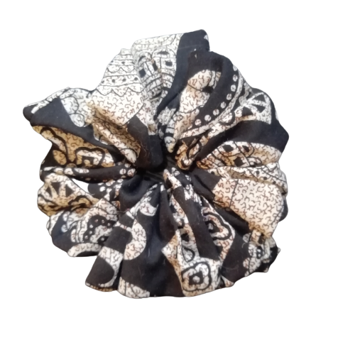 Black Elephant Paradise Hair Scrunchie Ties featuring a navy blue elephant print, made from soft rayon fabric with an elasticated core.