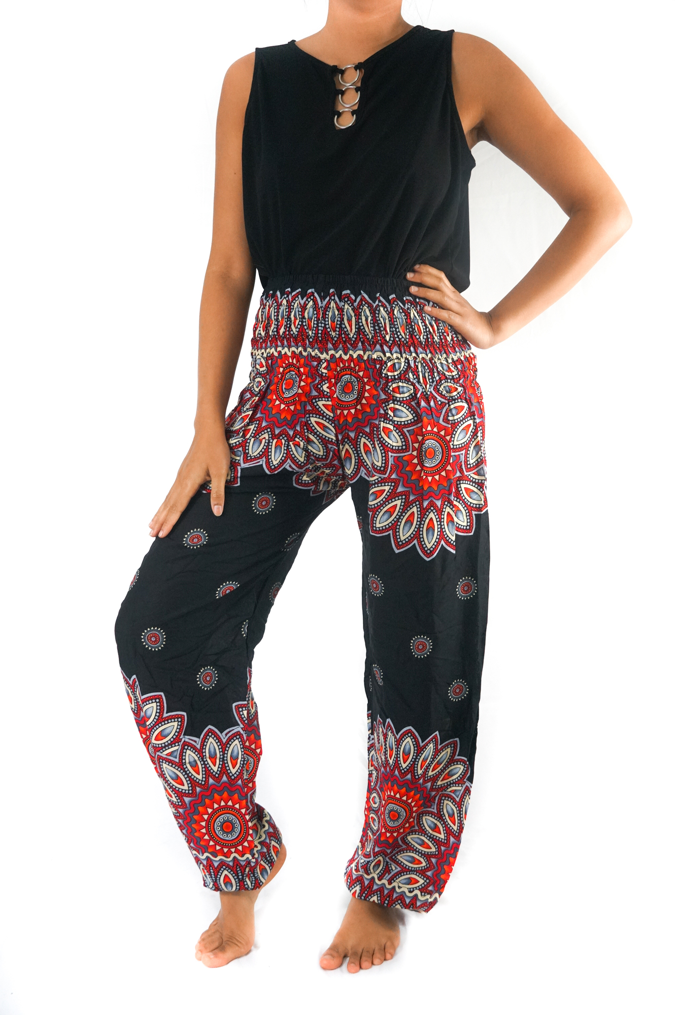 Black floral harem pants for women, featuring an elastic waist and ankle, made from lightweight rayon fabric, perfect for boho and hippie styles.