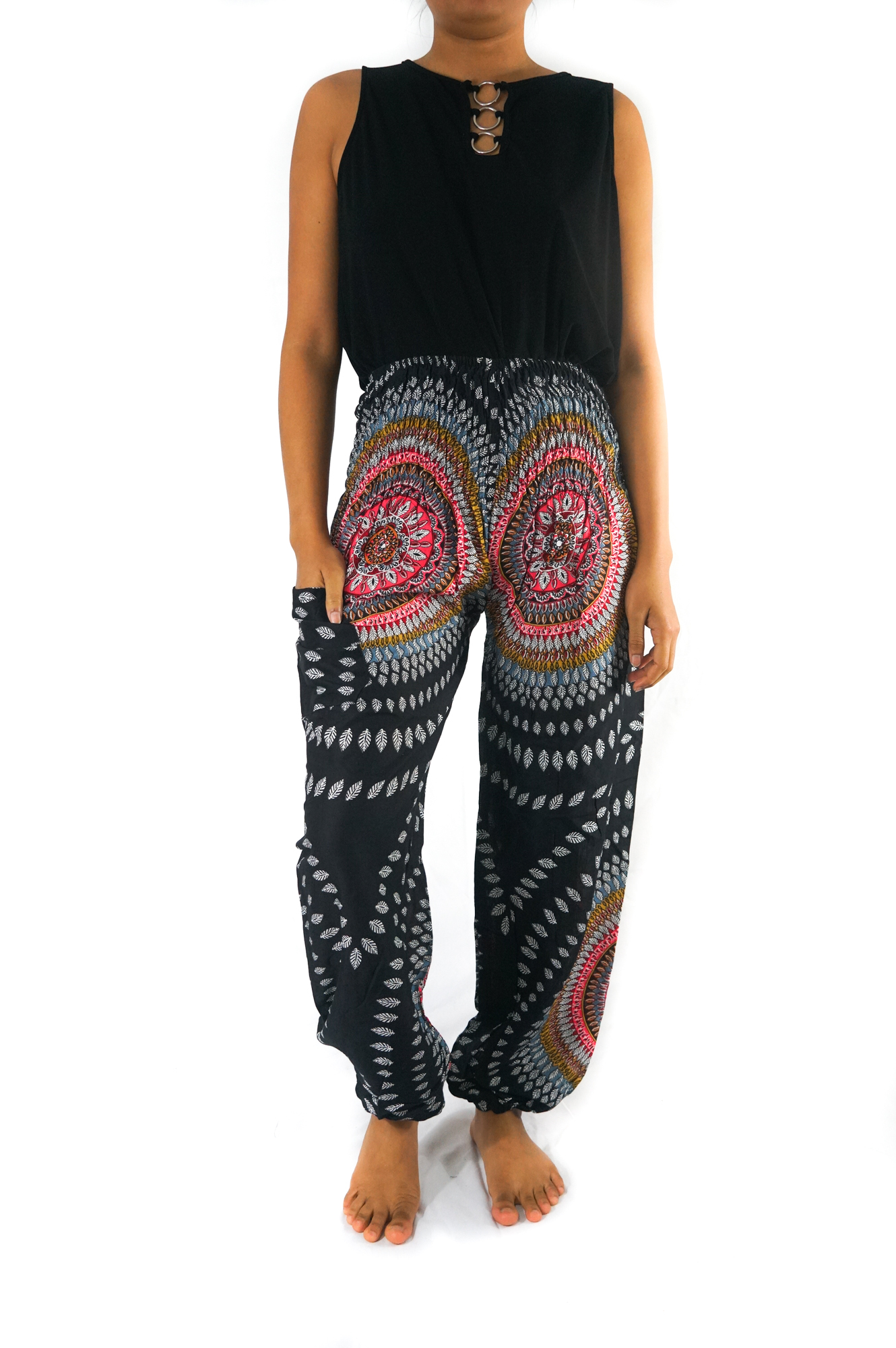 Black Lotus Women Harem Pants in vibrant patterns, made from 100% rayon, featuring an elastic waist and ankle, with a side pocket for convenience.