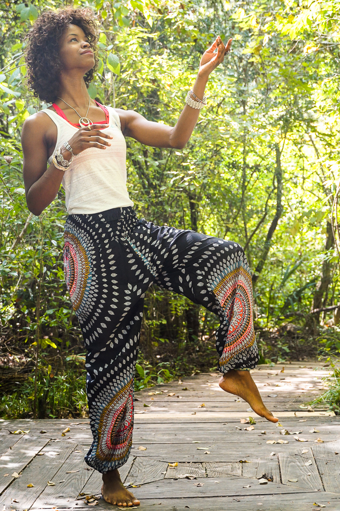 Black Lotus Women Harem Pants in vibrant patterns, made from 100% rayon, featuring an elastic waist and ankle, with a side pocket for convenience.