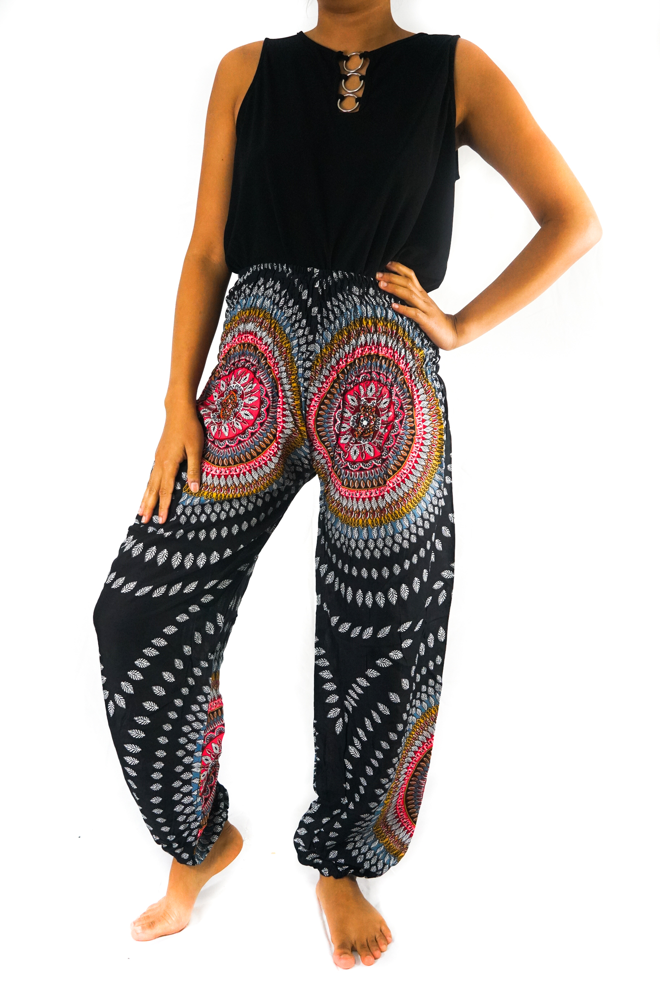 Black Lotus Women Harem Pants in vibrant patterns, made from 100% rayon, featuring an elastic waist and ankle, with a side pocket for convenience.