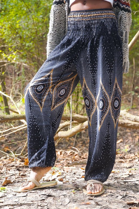 Black PEACOCK Women Boho Pants featuring a flowy design, elastic waist, and ankle, made from 100% breathable rayon fabric, perfect for yoga and casual wear.