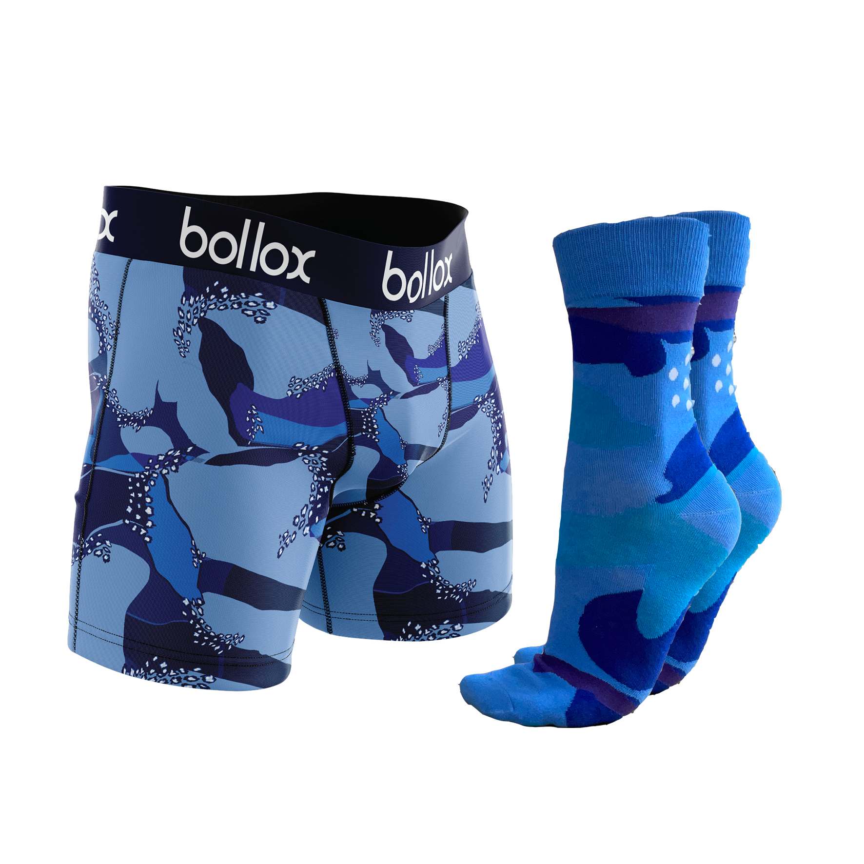 Blue Cameo Set featuring stylish men's boxer shorts and matching socks, designed for comfort and promoting male cancer awareness.