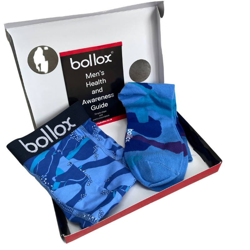 Blue Cameo Set featuring stylish men's boxer shorts and matching socks, designed for comfort and promoting male cancer awareness.