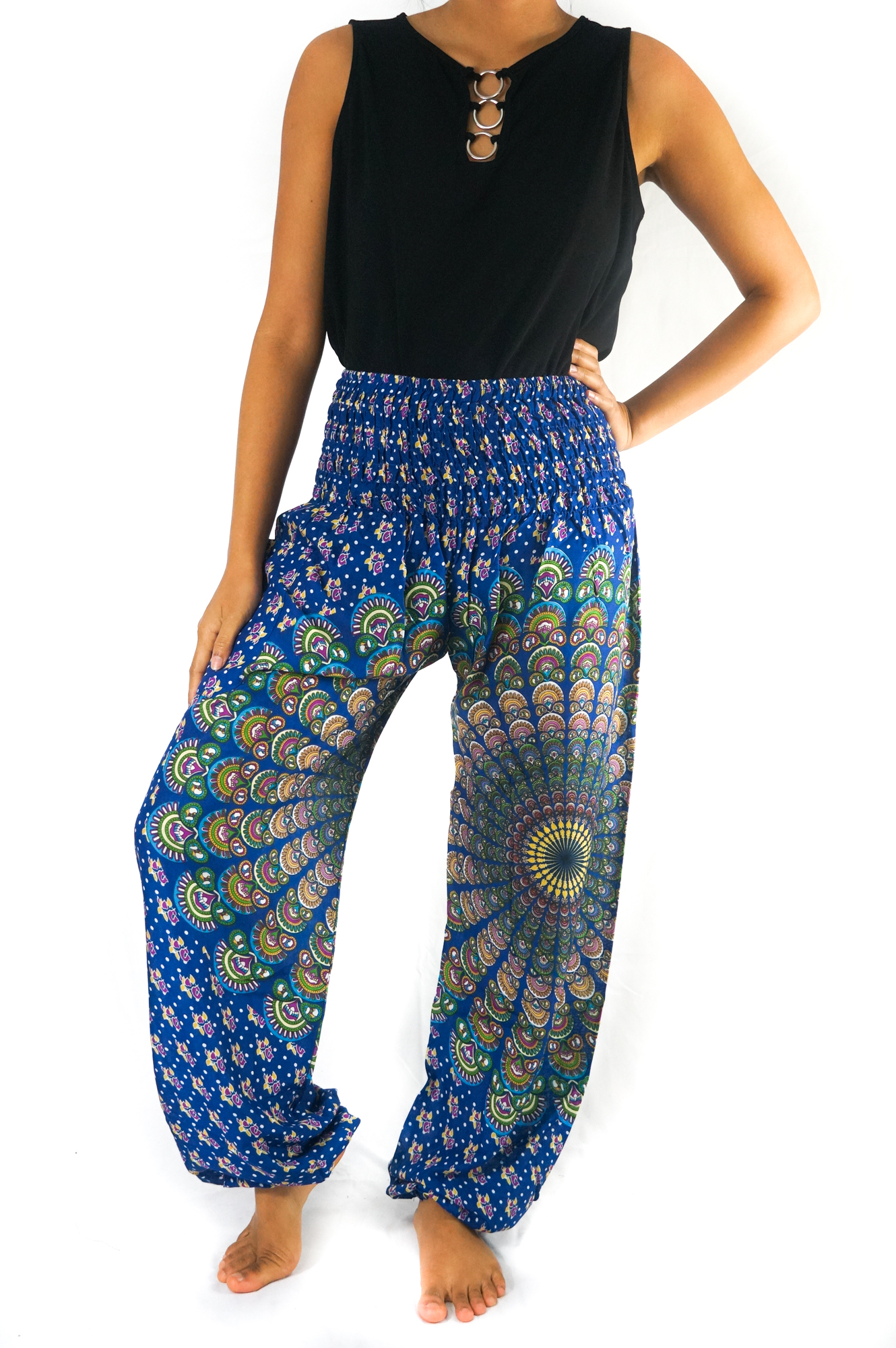 A pair of blue chakra harem pants made from lightweight rayon, featuring an elastic waist and ankle, perfect for yoga and casual wear.