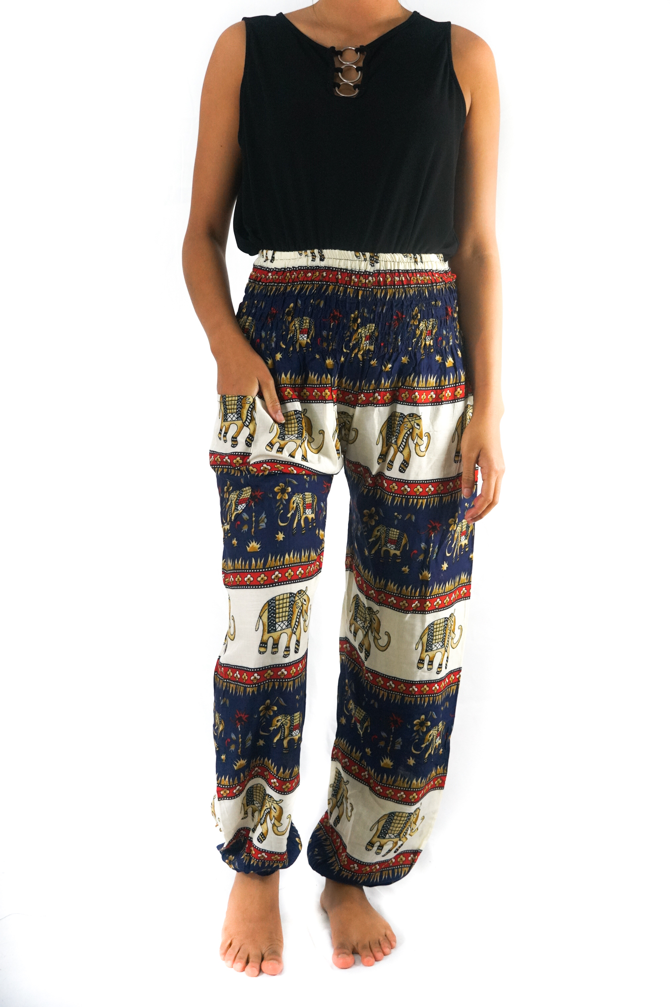 Blue Elephant Boho Pants for Women, featuring a vibrant elephant pattern, elastic waist, and breathable rayon fabric.