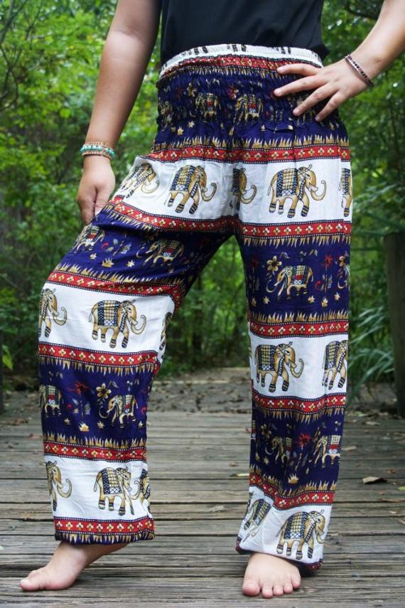 Blue Elephant Boho Pants for Women, featuring a vibrant elephant pattern, elastic waist, and breathable rayon fabric.