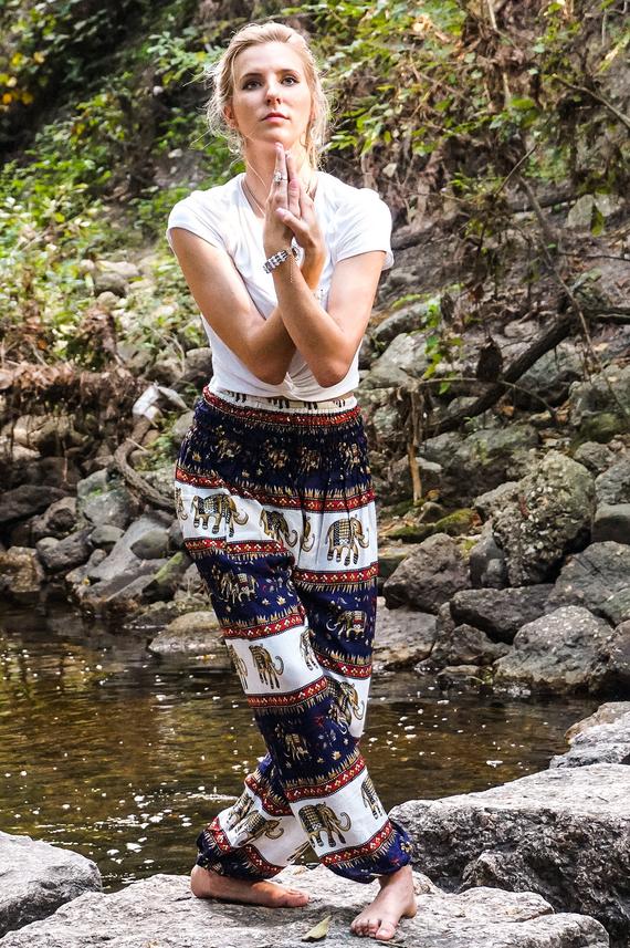 Blue Elephant Boho Pants for Women, featuring a vibrant elephant pattern, elastic waist, and breathable rayon fabric.