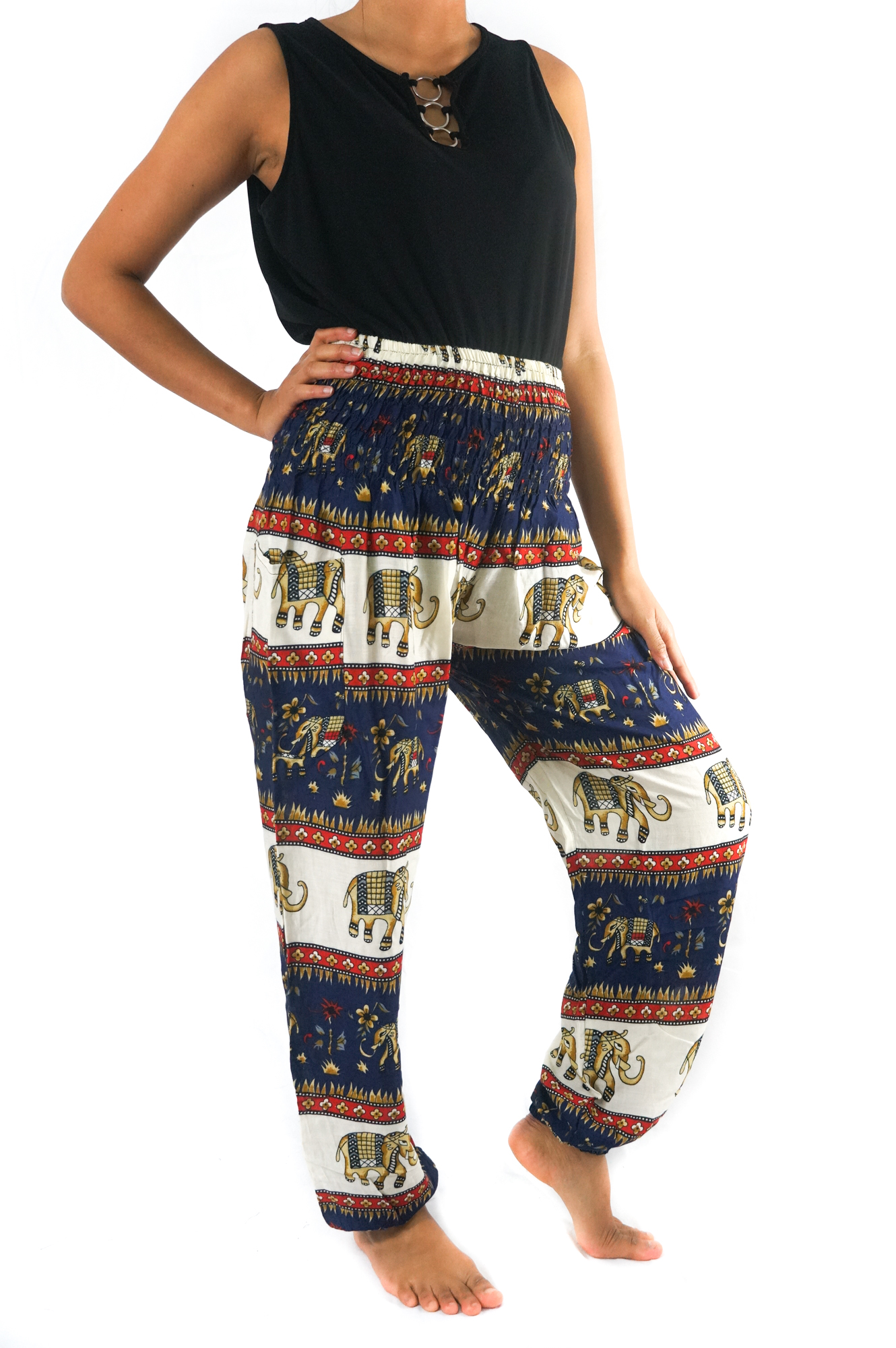 Blue Elephant Boho Pants for Women, featuring a vibrant elephant pattern, elastic waist, and breathable rayon fabric.