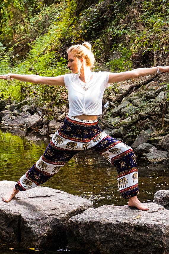 Blue Elephant Boho Pants for Women, featuring a vibrant elephant pattern, elastic waist, and breathable rayon fabric.