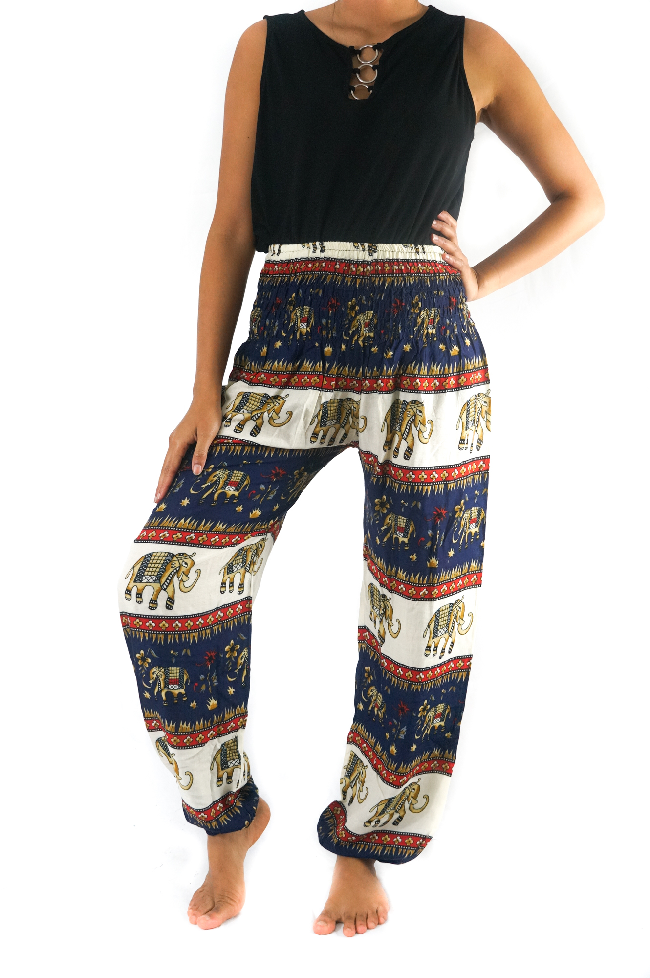 Blue Elephant Boho Pants for Women, featuring a vibrant elephant pattern, elastic waist, and breathable rayon fabric.